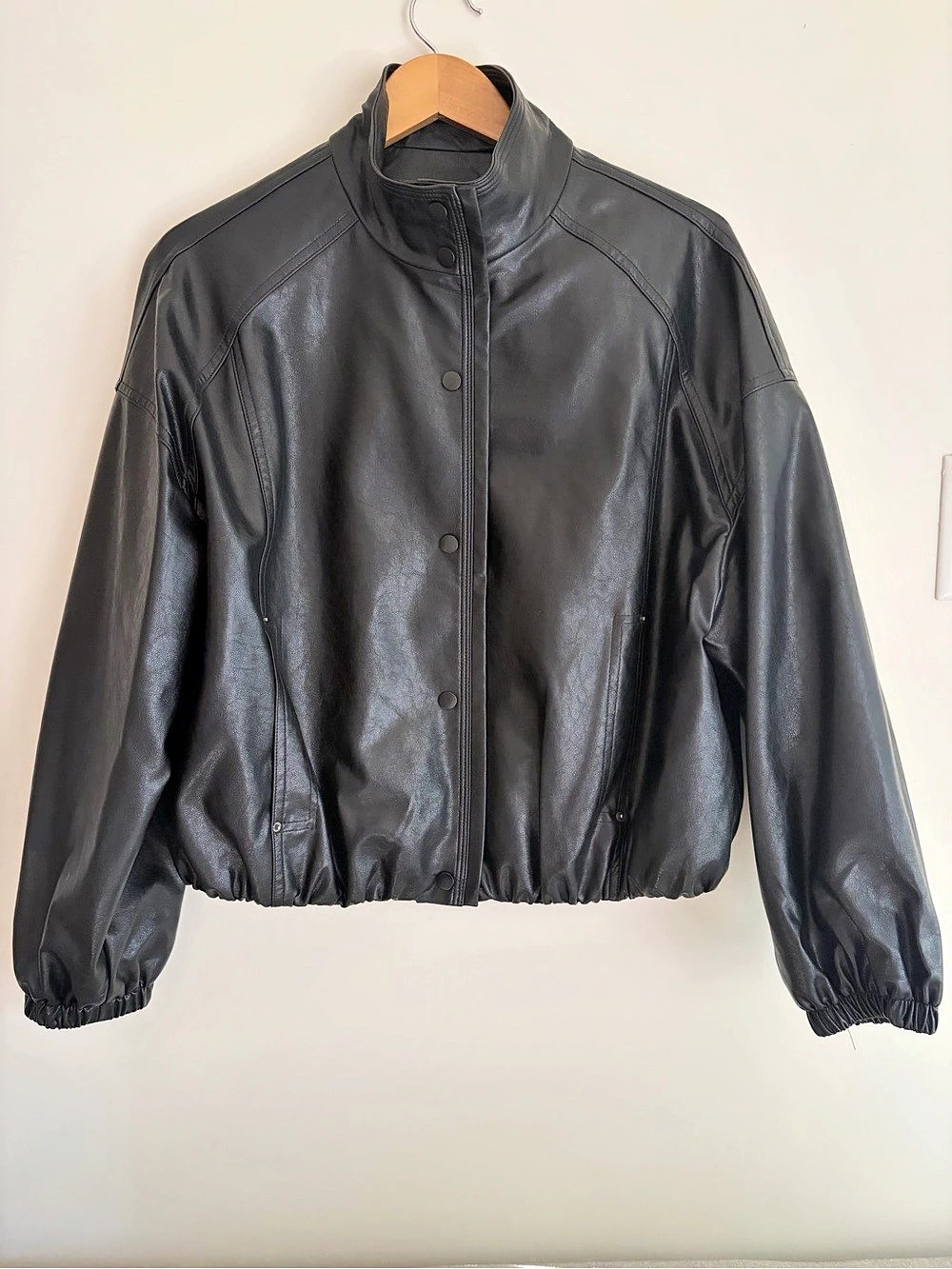 OAK + FORT Vegan Leather Funnel Neck Bomber Jacket Black Small